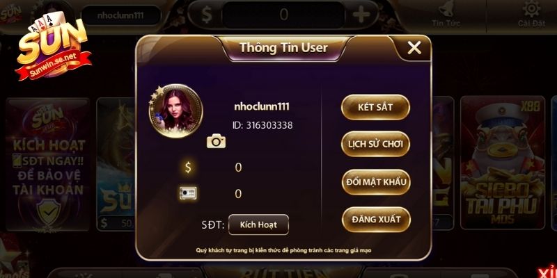 Hình ảnh Sunwin minh họa thông tin người chơi